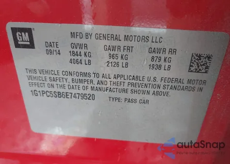 2014 Chevrolet Cruze 1Lt Auto z USA, uszkodzony, nr VIN 1G1PC5SB6E7479520